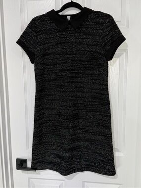 Maison Jules Black Metallic Tweed Mini Dress with Peter Collar